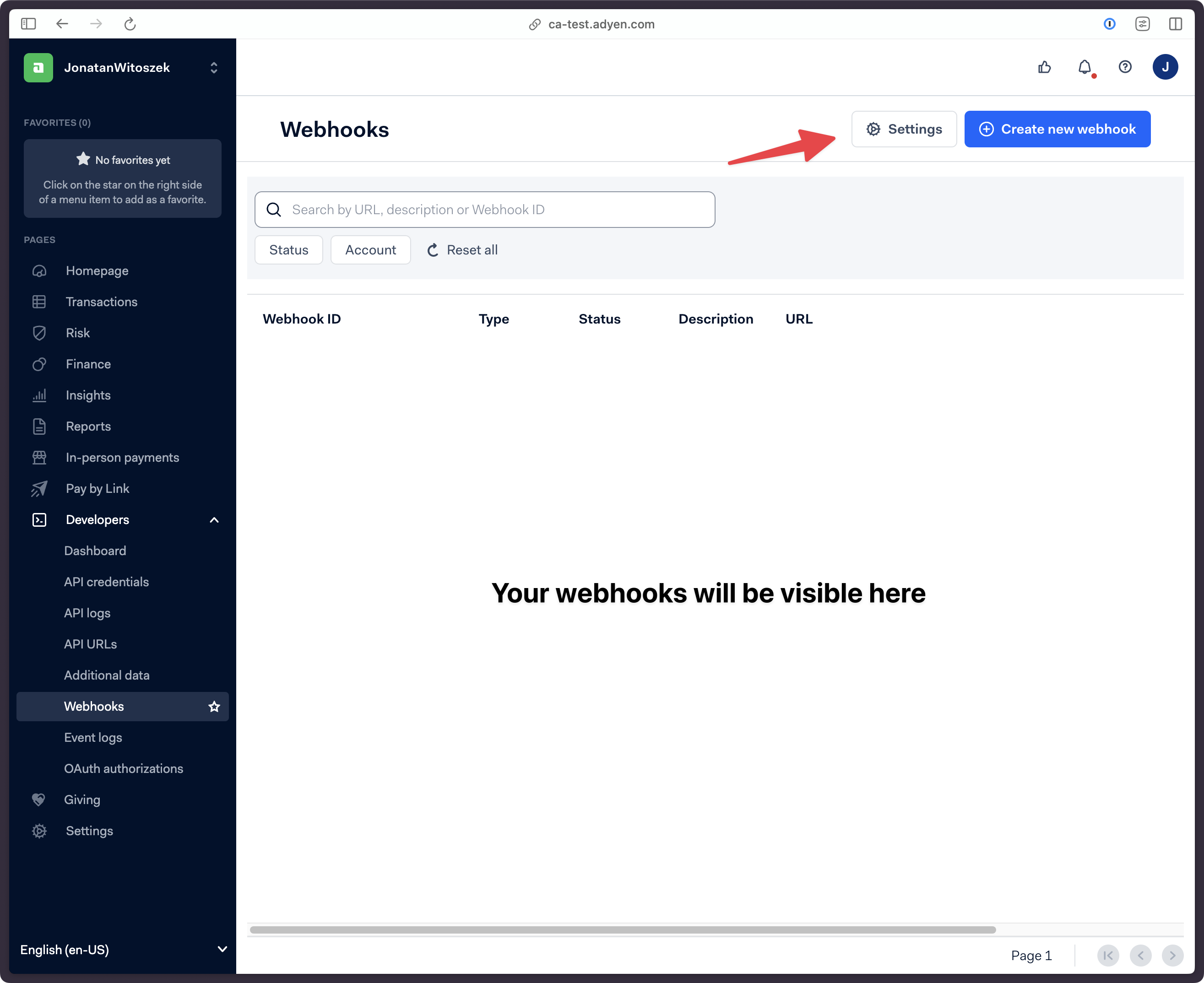 Adyen dashboard webhooks page, where "Settings" button is located