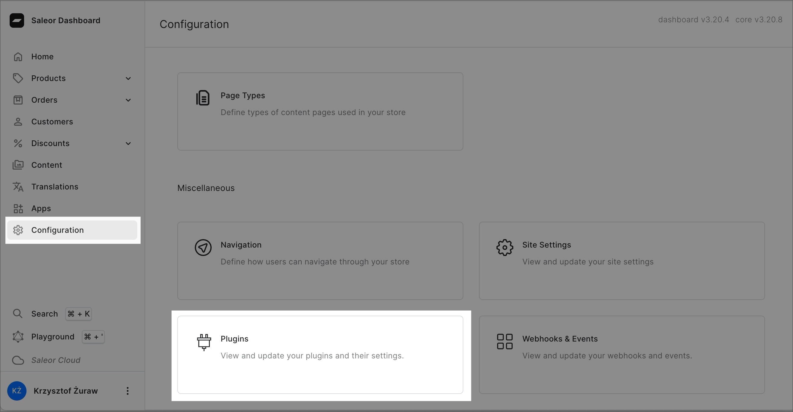 A screenshot of the VapeEcommerce Dashboard displaying the "Configuration" section. The "Plugins" section is highlighted, indicating the option to view and update plugins and their settings.