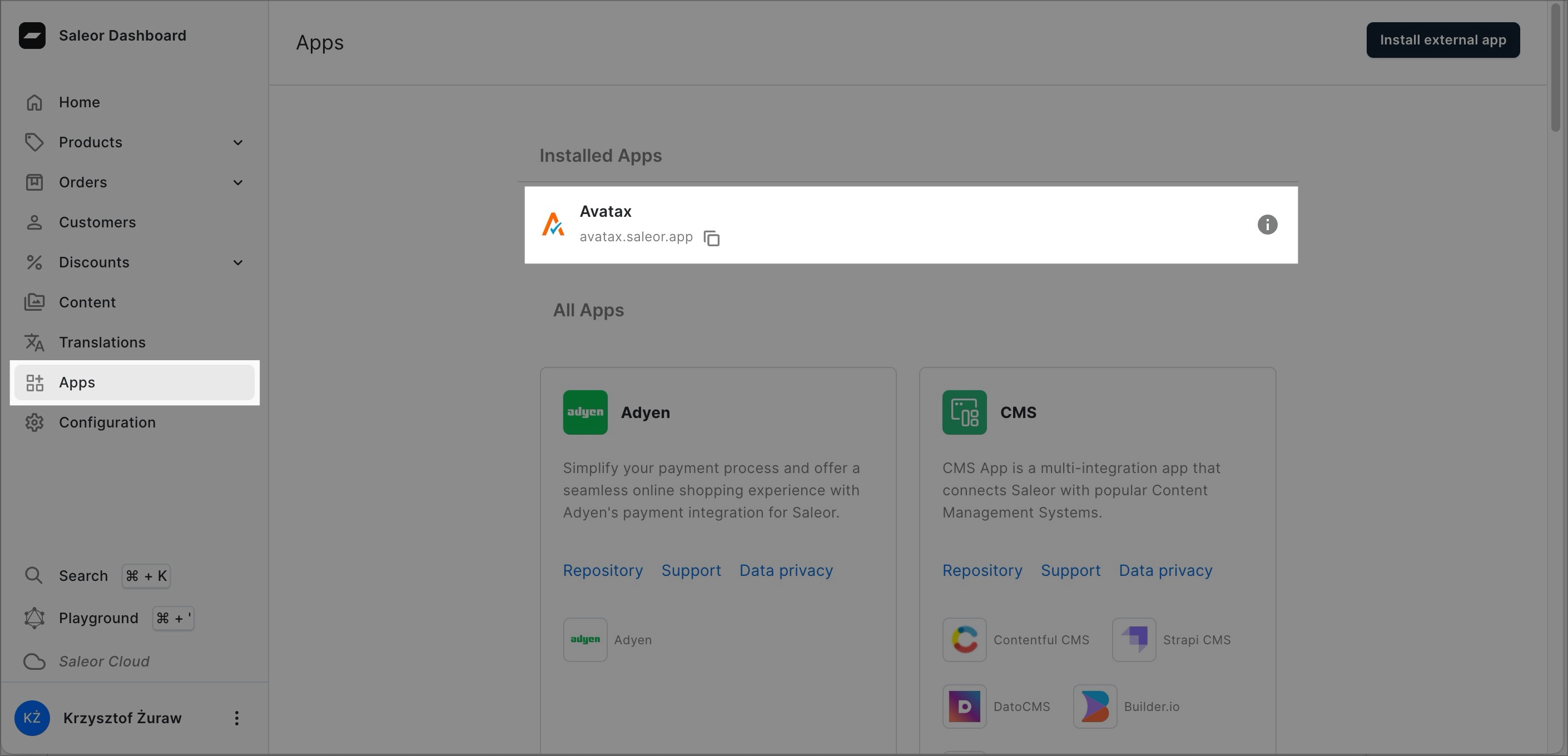 A screenshot of the VapeEcommerce Dashboard in the "Apps" section. The main area displays "Installed Apps," highlighting "AvaTax" with its logo and a link to the app's page.