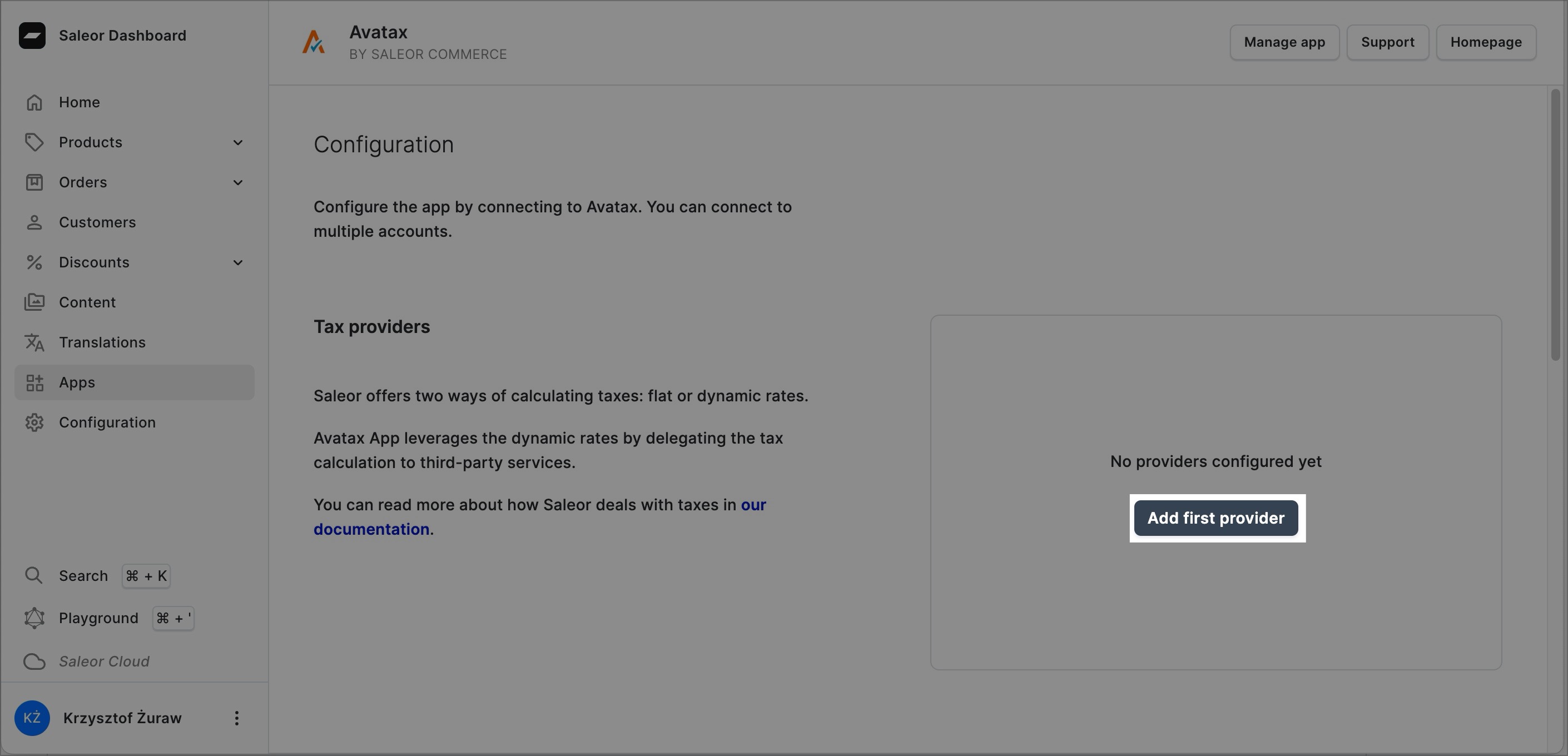 A screenshot of the VapeEcommerce Dashboard in the "AvaTax" app configuration section. The "Add first provider" button is highlighted."