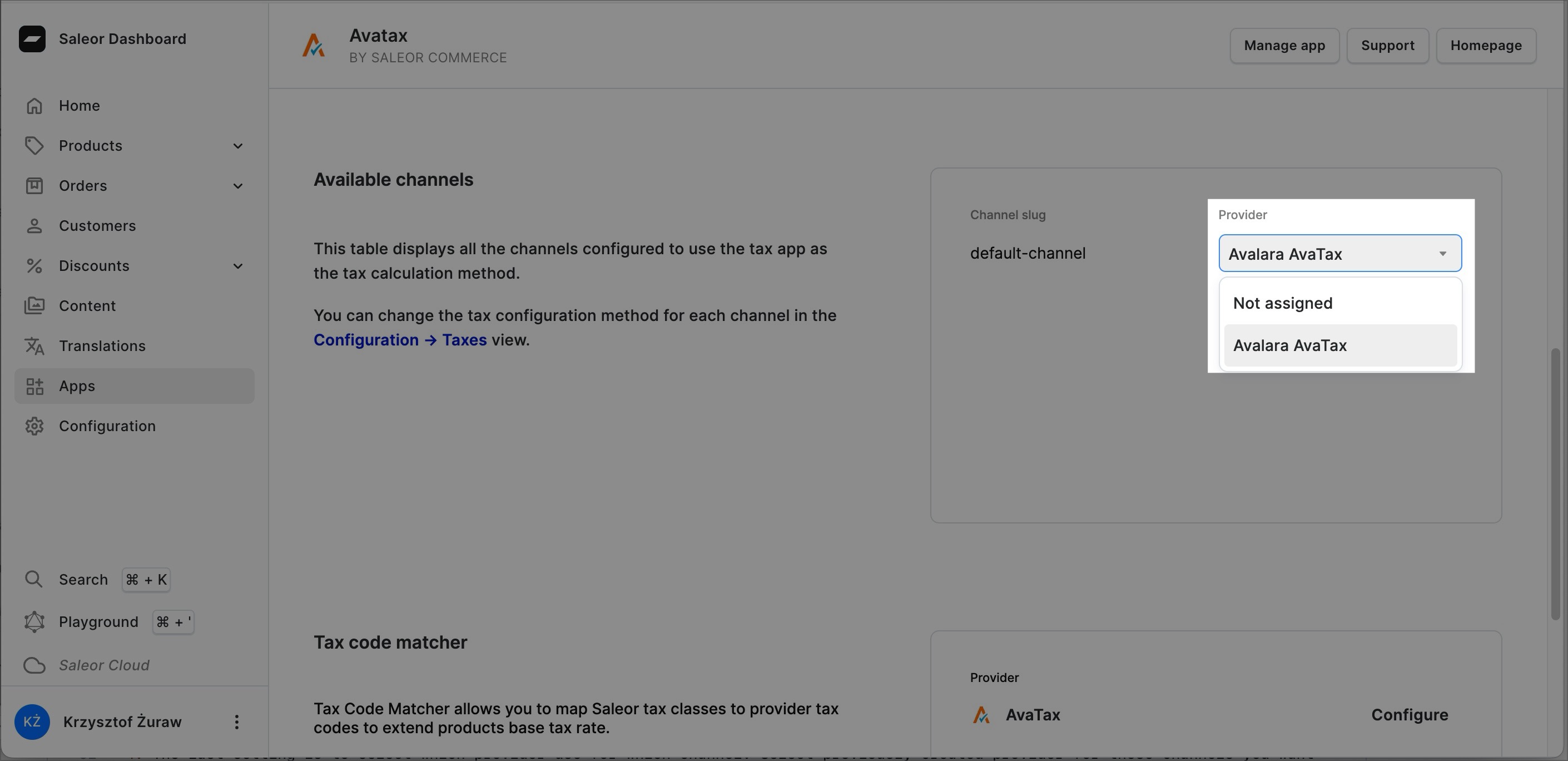 A screenshot of the VapeEcommerce Dashboard in the "AvaTax" app section.The main area displays "Available channels," indicating that the table shows channels configured to use the AvaTax app for tax calculations.