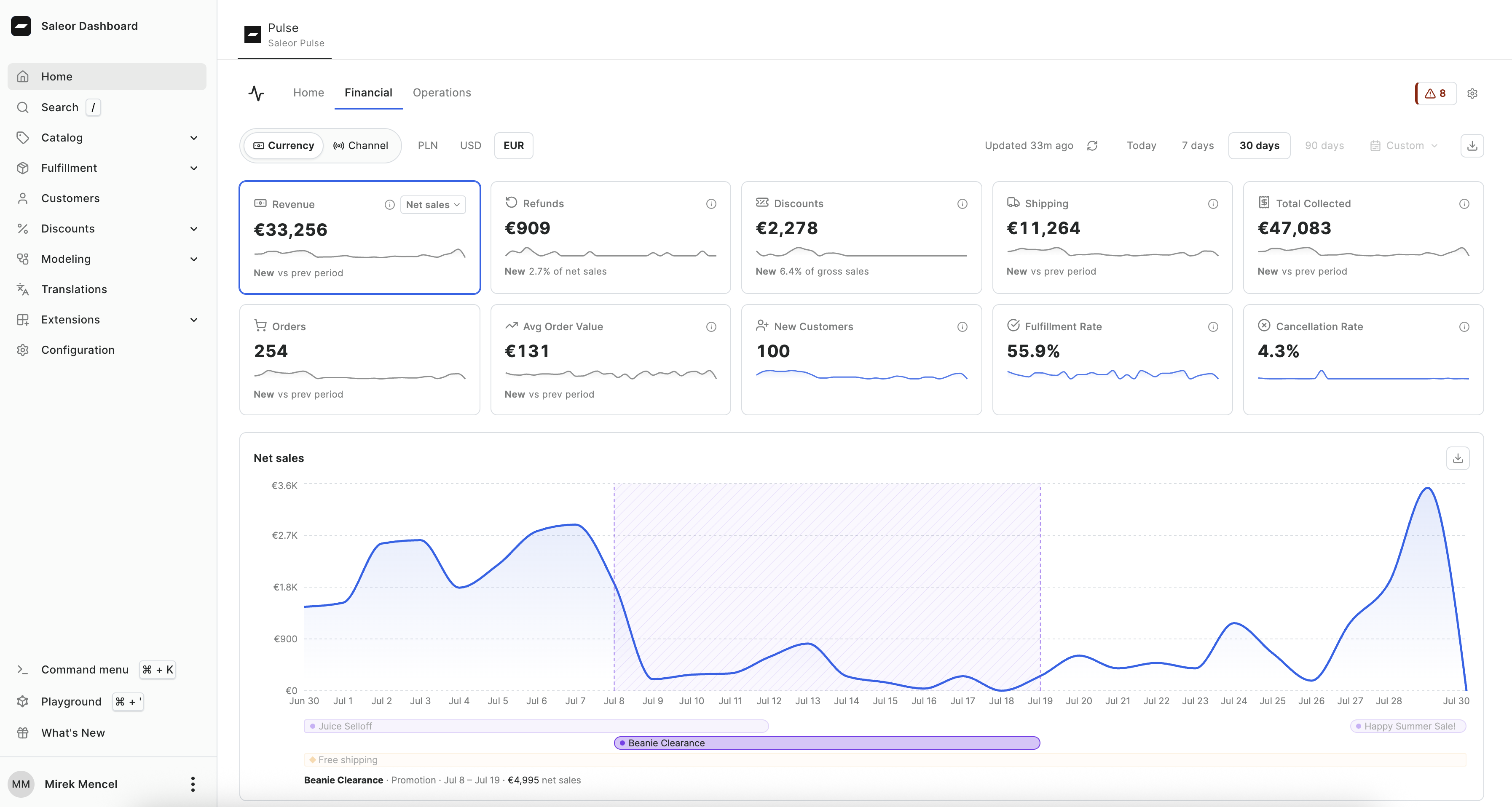 Pulse Financial view with KPIs and a net sales trend in the VapeEcommerce Dashboard