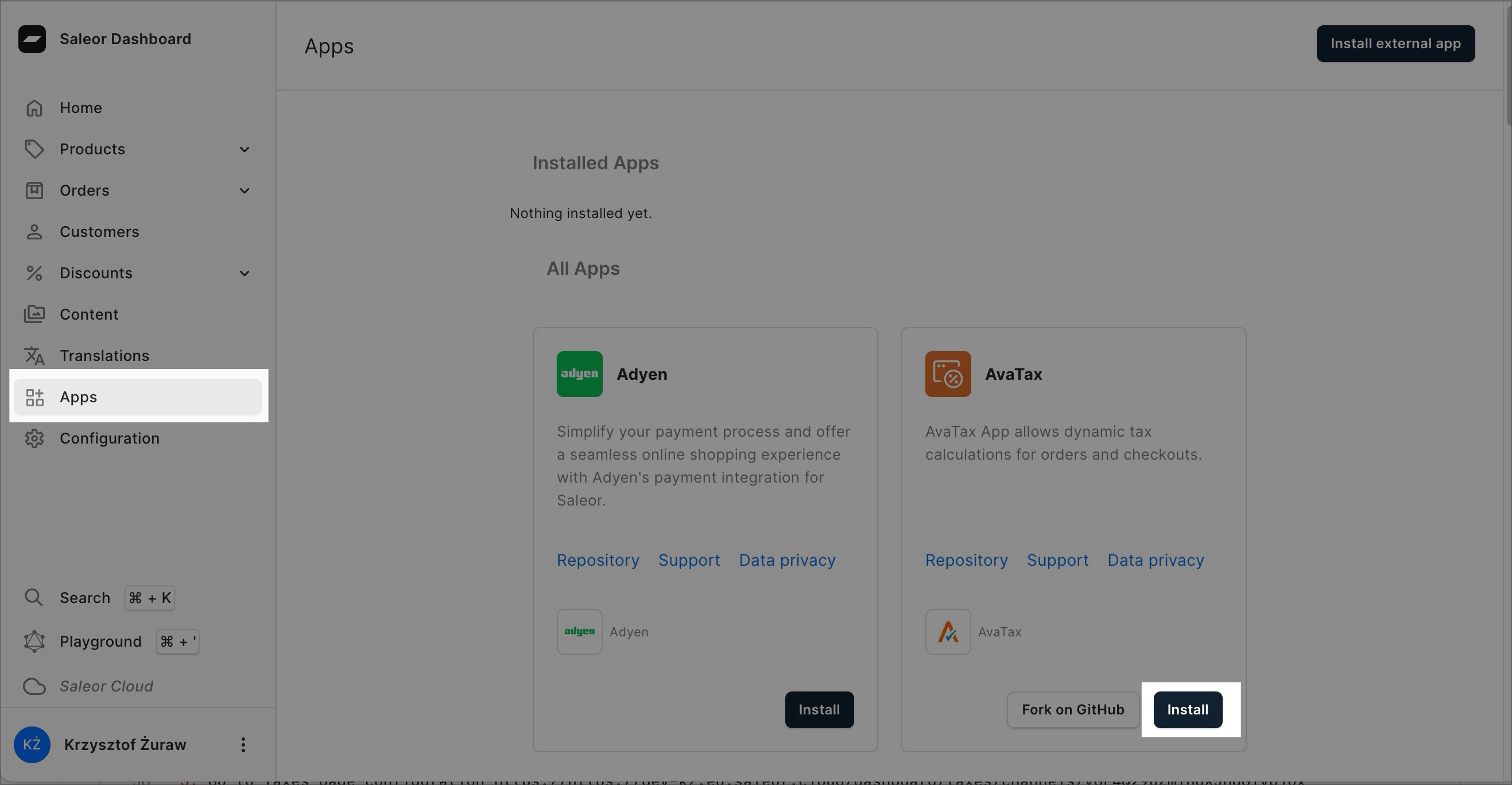 A screenshot of the VapeEcommerce Dashboard in the "Apps" section. The "Install" button is highlighted, indicating the option to install AvaTax app.