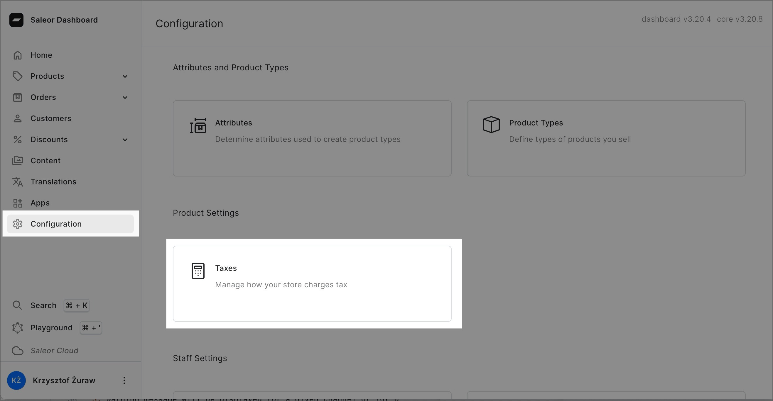 A screenshot of the VapeEcommerce Dashboard in the "Configuration" section. The "Taxes" section is highlighted.
