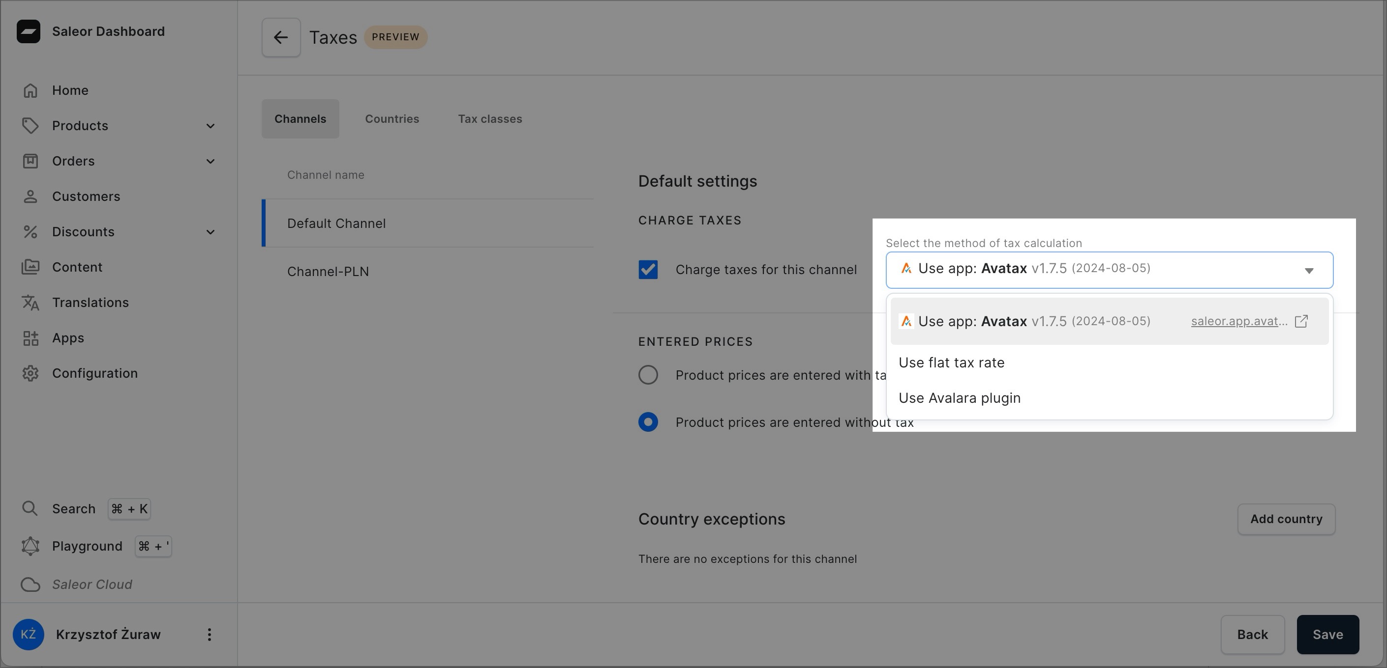 A screenshot of the VapeEcommerce Dashboard in the "Taxes" section. A highlighted dropdown menu allows the selection of tax calculation methods, including options for using the "Avalara" app and a flat tax rate.